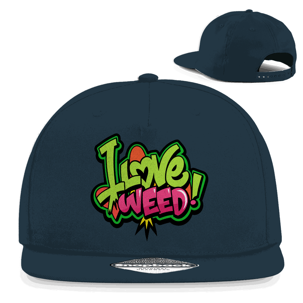 Schwarze Snapback Rapper Cap mit I Love Weed Aufschrift und Retro Snapback-Verschluss, urbaner Streetwear-Stil