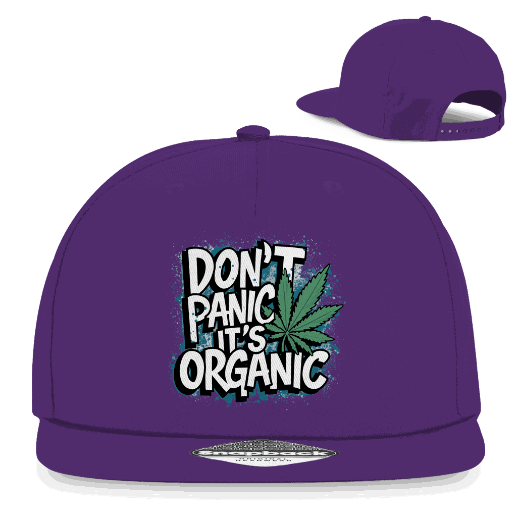 Division420 Snapback Cap in Schwarz mit flachem Schirm und "Dont Panik its Organic" Aufdruck