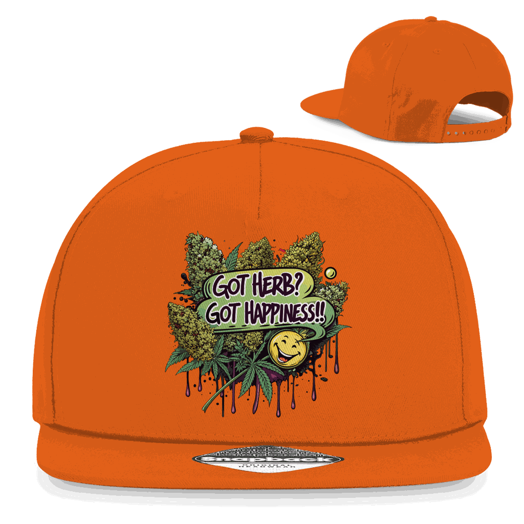 Division420 Snapback Rapper Cap with Got Herb? Got Happiness! slogan, 5-panel cotton twill design, flat brim, and snapback closure.