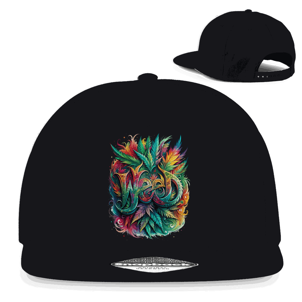Division420 Snapback Cap with weed art print, 100% cotton twill, 5-panel design, flat brim, and snapback closure