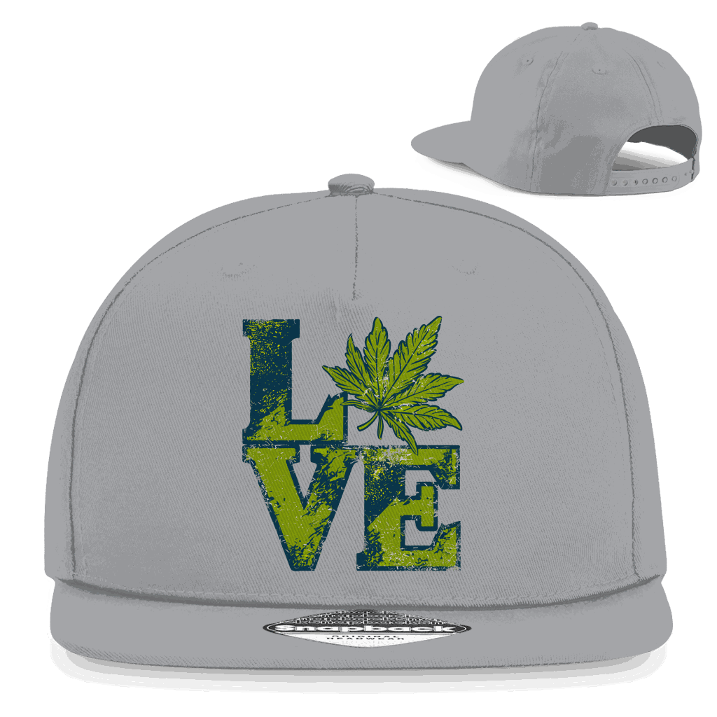 Schwarze Snapback Cap mit Love Art Print und flachem Schirm, urbaner Streetwear-Stil