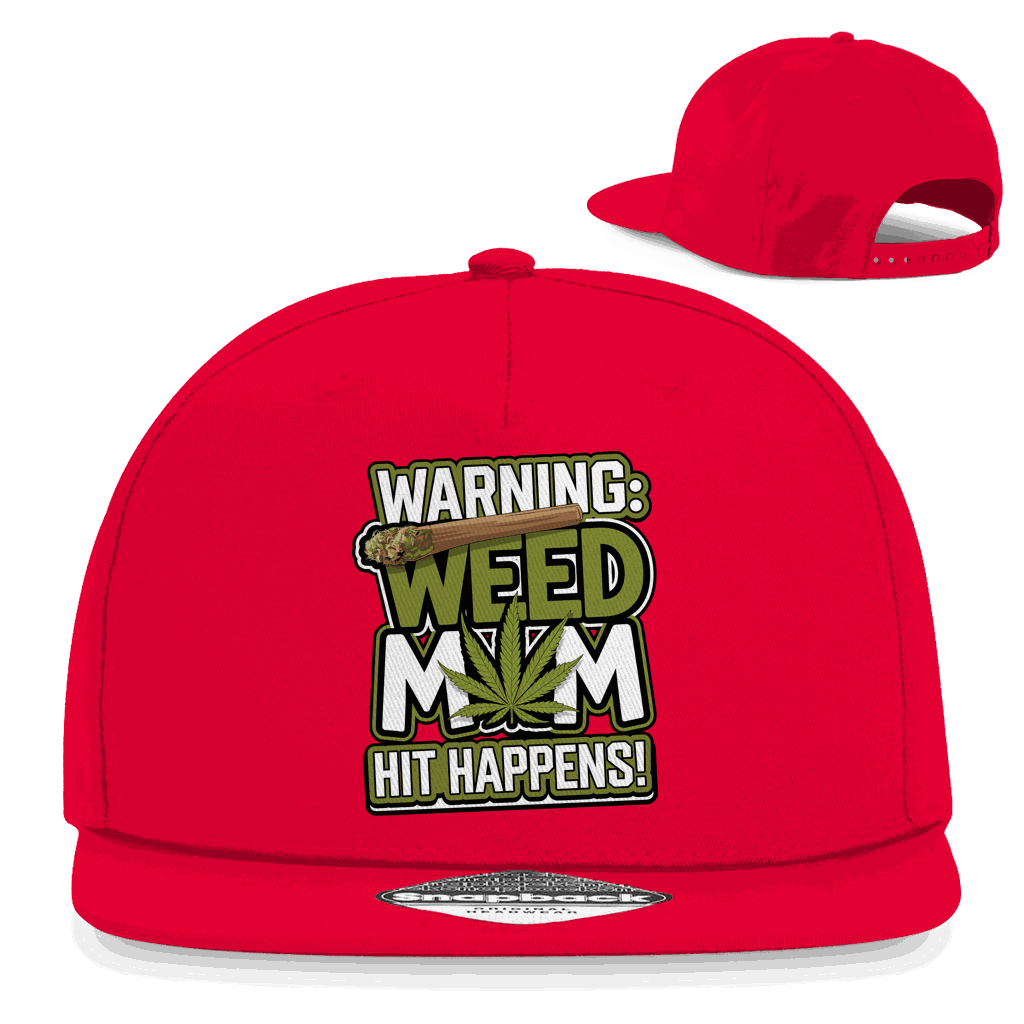 Division420 Snapback Rapper Cap mit Warning Weed Mom Design aus Baumwoll-Twill, 5-Panel, flacher Schirm und Snapback-Verschluss, urbaner Streetwear-Look