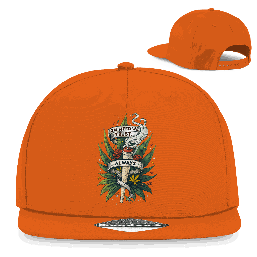 Division420 Snapback Cap mit "In weed we trust" Schriftzug, 5-Panel Design, flachem Schirm und verstellbarem Snapback-Verschluss.
