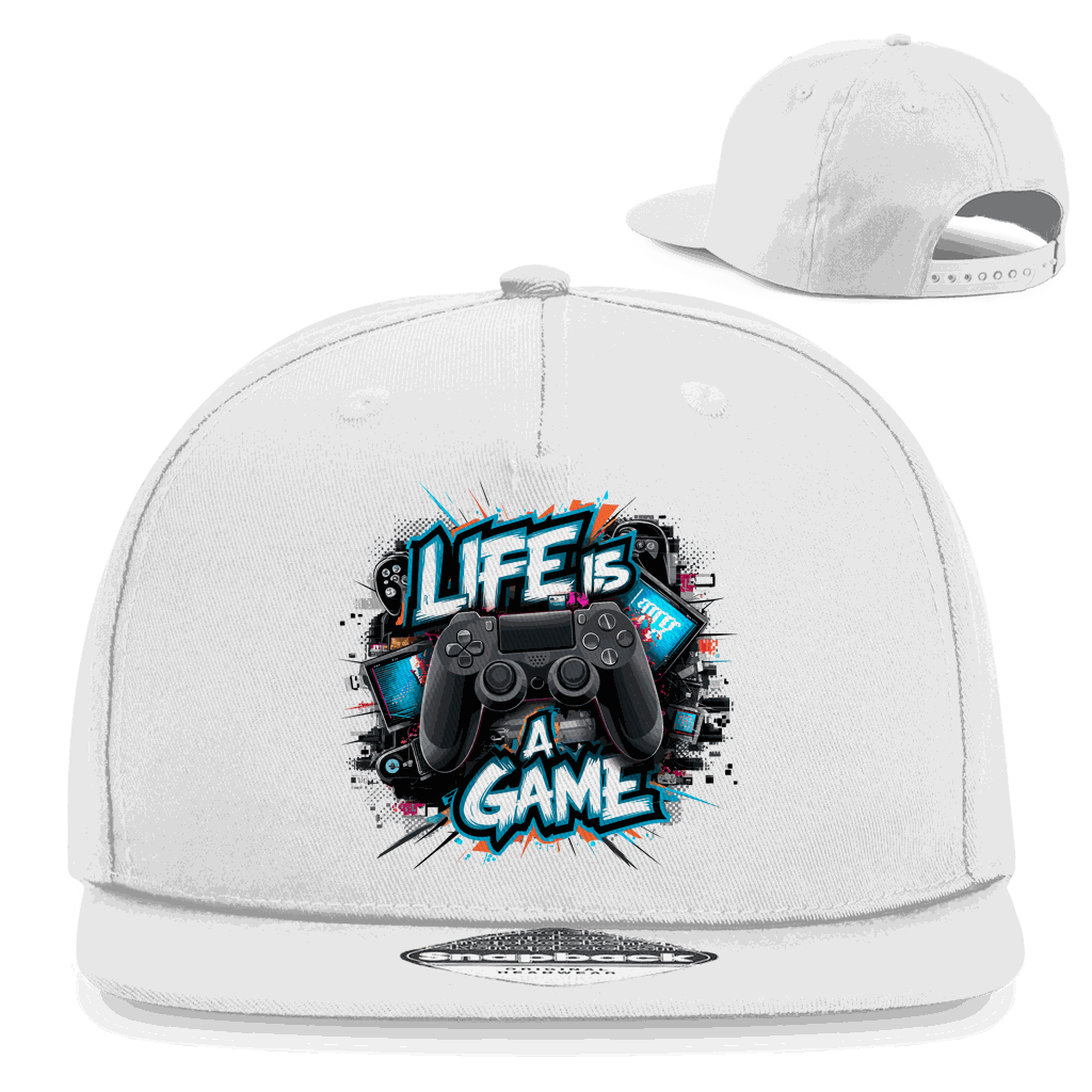 Schwarze Snapback Cap Life is a Game mit 5-Panel Design und Snapback-Verschluss von Division420
