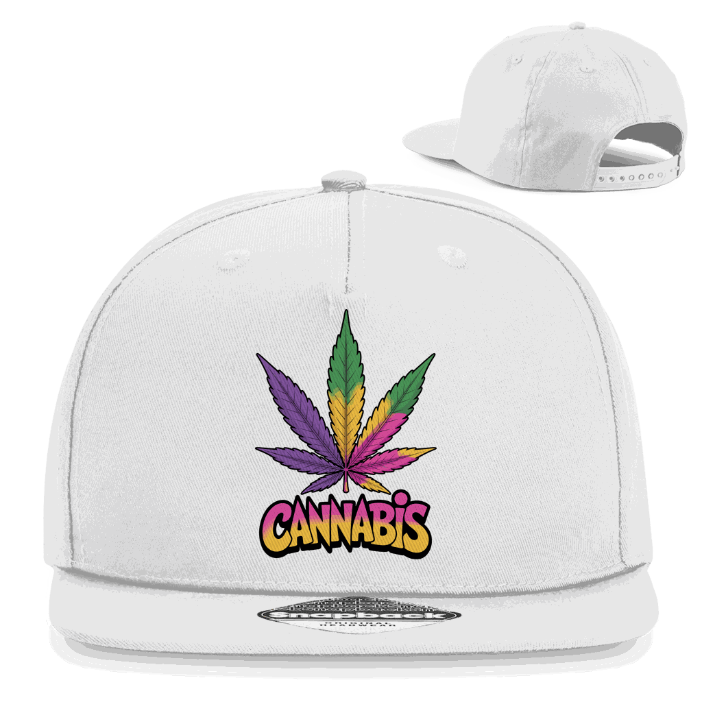 Division420 Snapback Cap mit buntem Cannabisblatt, Baumwoll-Twill und verstellbarem Snapback-Verschluss, urbaner Streetwear-Stil