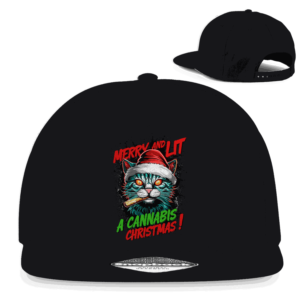 Schwarze Snapback Rapper Cap mit Merry Christmas Cat Motiv und flachem Schirm