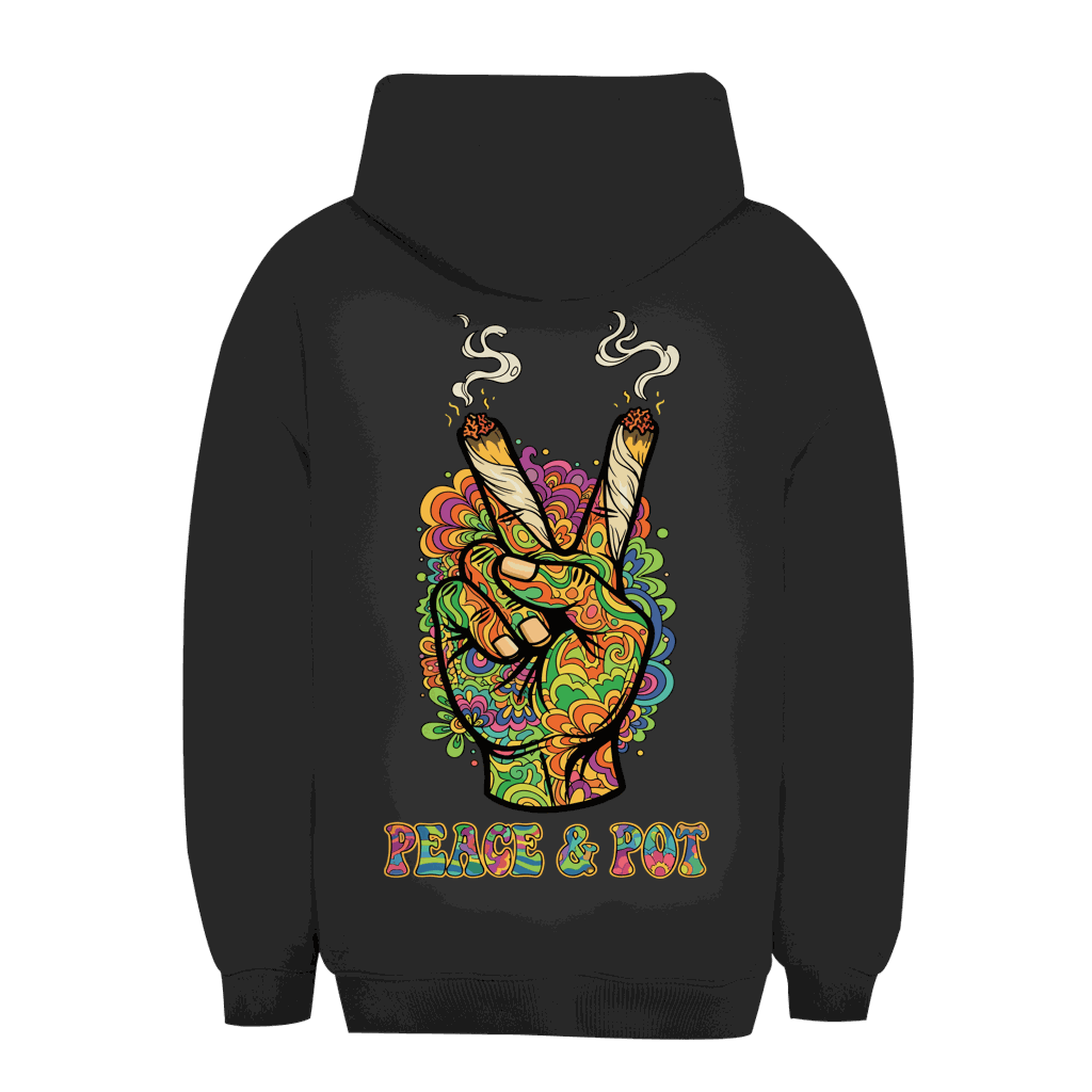 Unisex Oversize Hoodie in Schwarz mit Peace und Pot Print von Division420, urbaner Style, weicher Baumwollmix, bequem und nachhaltiger Streetwear