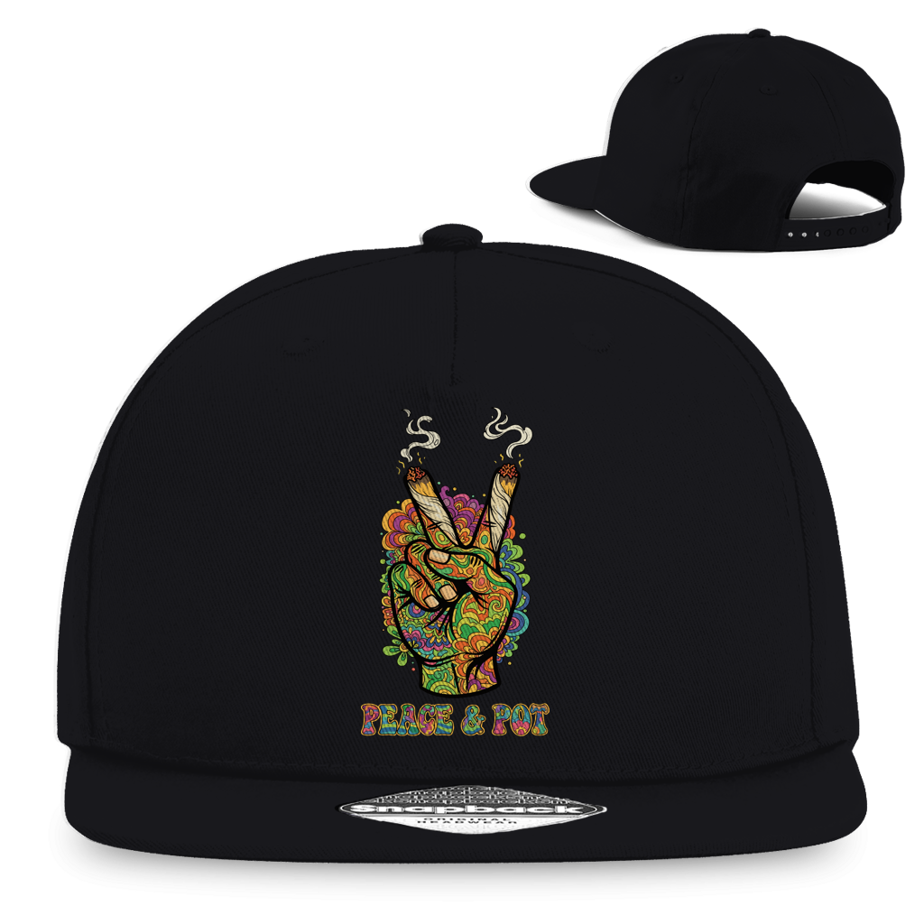 Snapback Cap Peace and Pot von Division420 mit 5-Panel Design, flachem Schirm und authentischem Aufkleber in 100% Baumwolle