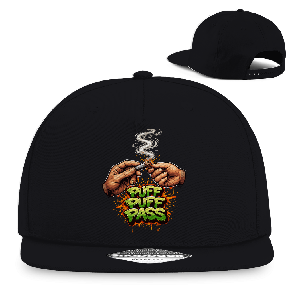 Schwarze Snapback Rapper Cap Puff Puff Pass von Division420 mit flachem Schirm und retro Snapback-Verschluss