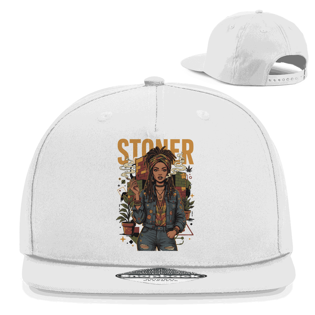 Schwarze Snapback Cap mit Rastafari Stoner Girl Aufdruck und flachem Schirm aus Baumwoll-Twill