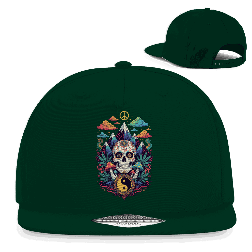 Schwarze Snapback Rapper Cap mit Stoner Old School Art Print und flachem Schirm aus Baumwoll-Twill