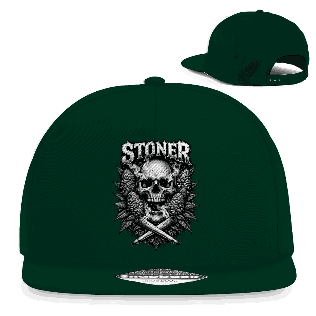 Schwarze Snapback Rapper Cap mit Stoner Skull Motiv und flachem Schirm aus Baumwoll-Twill