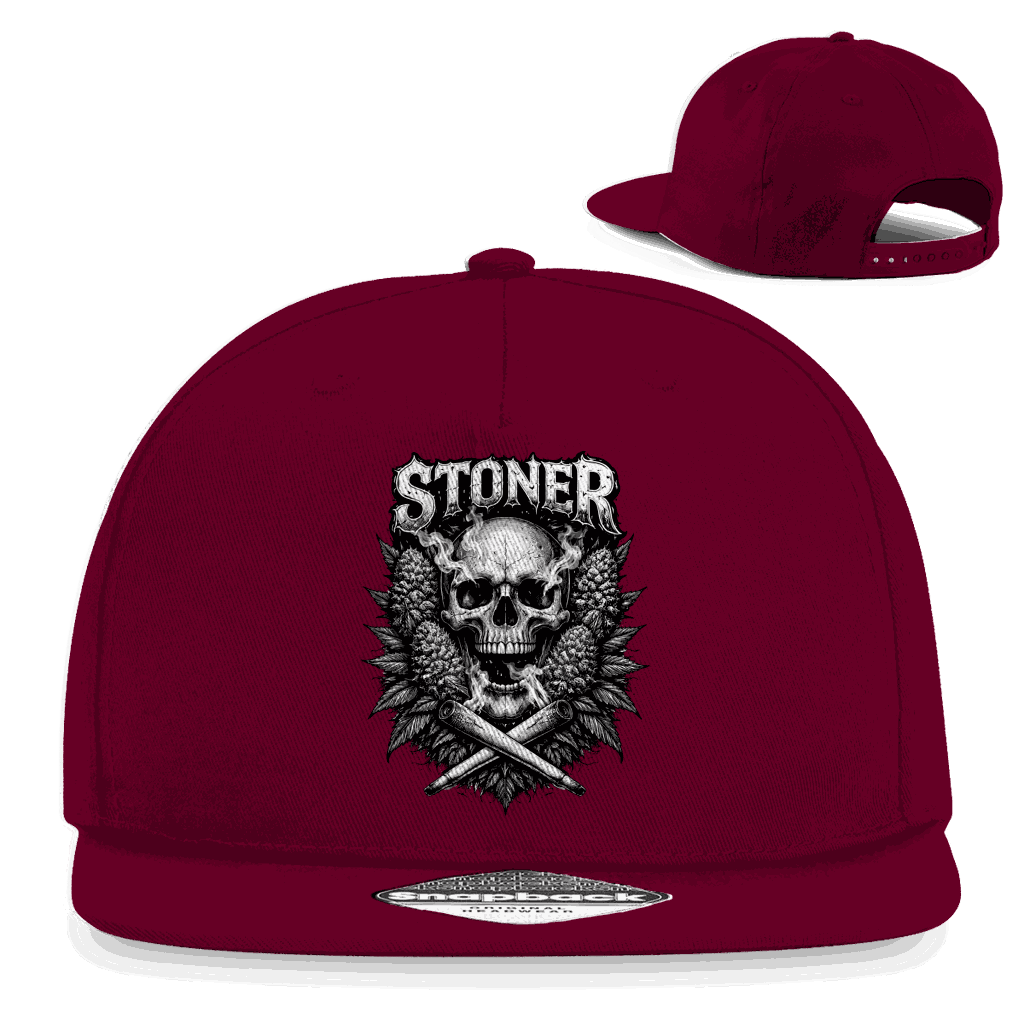 Schwarze Snapback Rapper Cap mit Stoner Skull Motiv und flachem Schirm von Division420