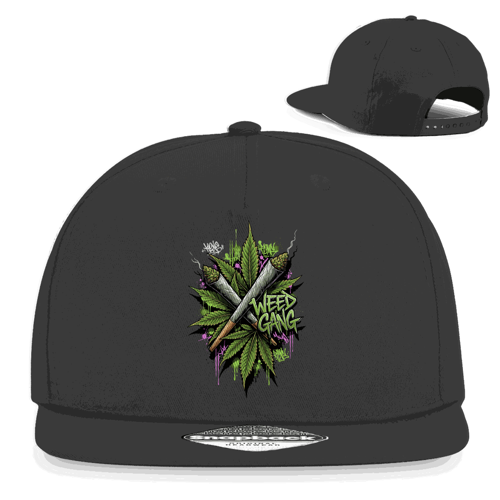 Schwarze Division420 Snapback Cap mit Weed Gang Schriftzug und flachem Schirm aus Baumwoll-Twill
