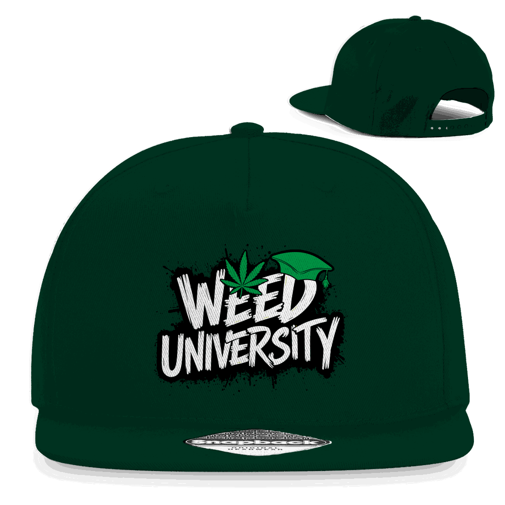 Schwarze Snapback Rapper Cap mit flachem Schirm und Weed University Stickerei, urbaner Streetwear-Style