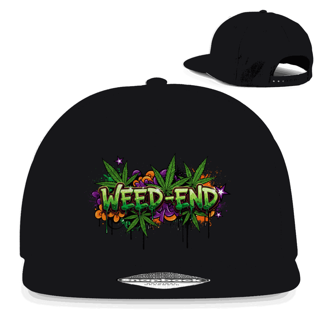 Division420 Snapback Rapper Cap Weed-End aus Baumwoll-Twill mit flachem Schirm und Retro-Snapbackverschluss in urbanem Streetwear-Design