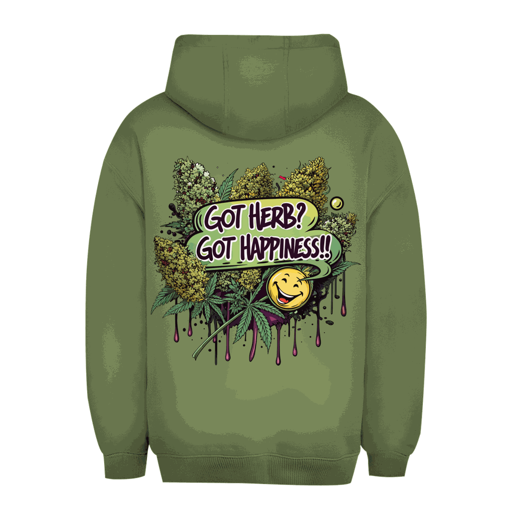 Division420 unisex oversize hoodie with "Got Herb? Got Happiness!" print, cotton blend, urban streetwear style