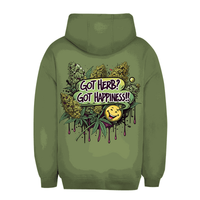 Division420 unisex oversize hoodie with "Got Herb? Got Happiness!" print, cotton blend, urban streetwear style