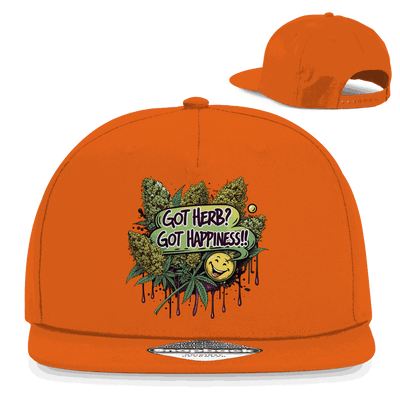 Division420 Snapback Rapper Cap with Got Herb? Got Happiness! slogan, 5-panel cotton twill design, flat brim, and snapback closure.