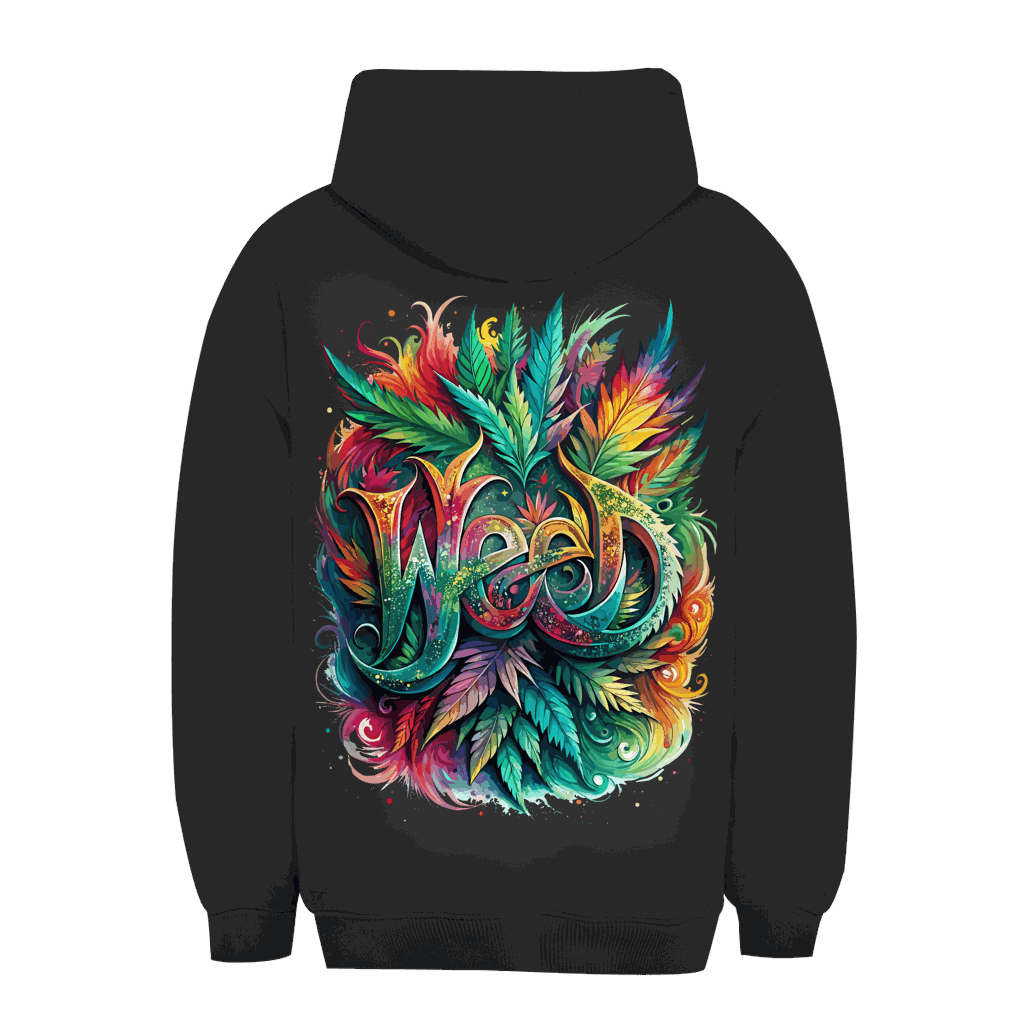 Unisex Oversize Hoodie with weed art print by Division420 showing size chart