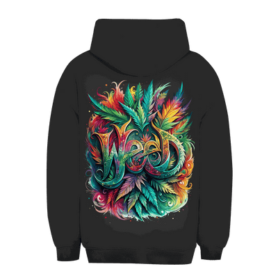Unisex Oversize Hoodie with weed art print by Division420 showing size chart