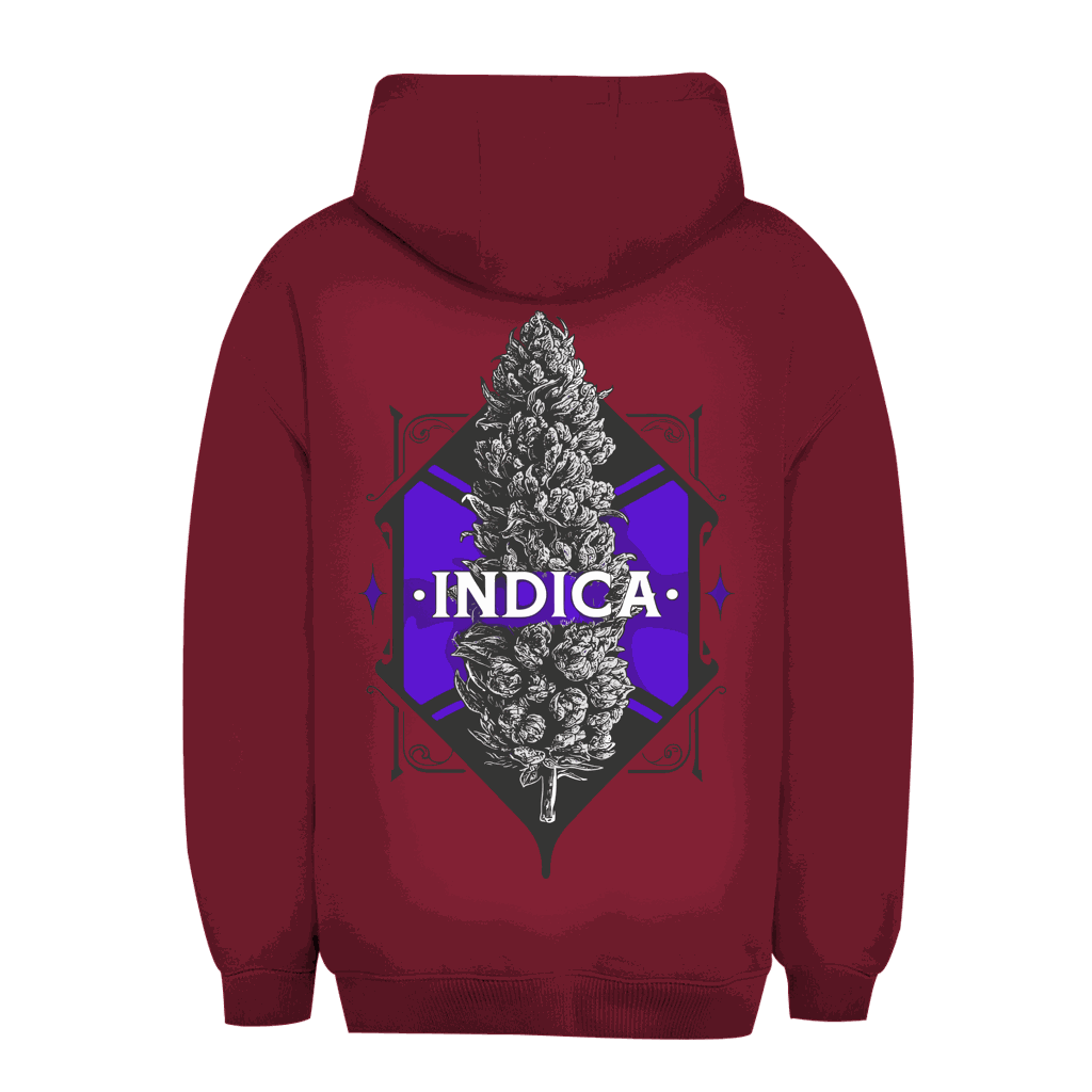 Unisex oversize hoodie with Indica art print by Division420, soft cotton blend, relaxed fit, adjustable hood, kangaroo pocket, sustainable fabric