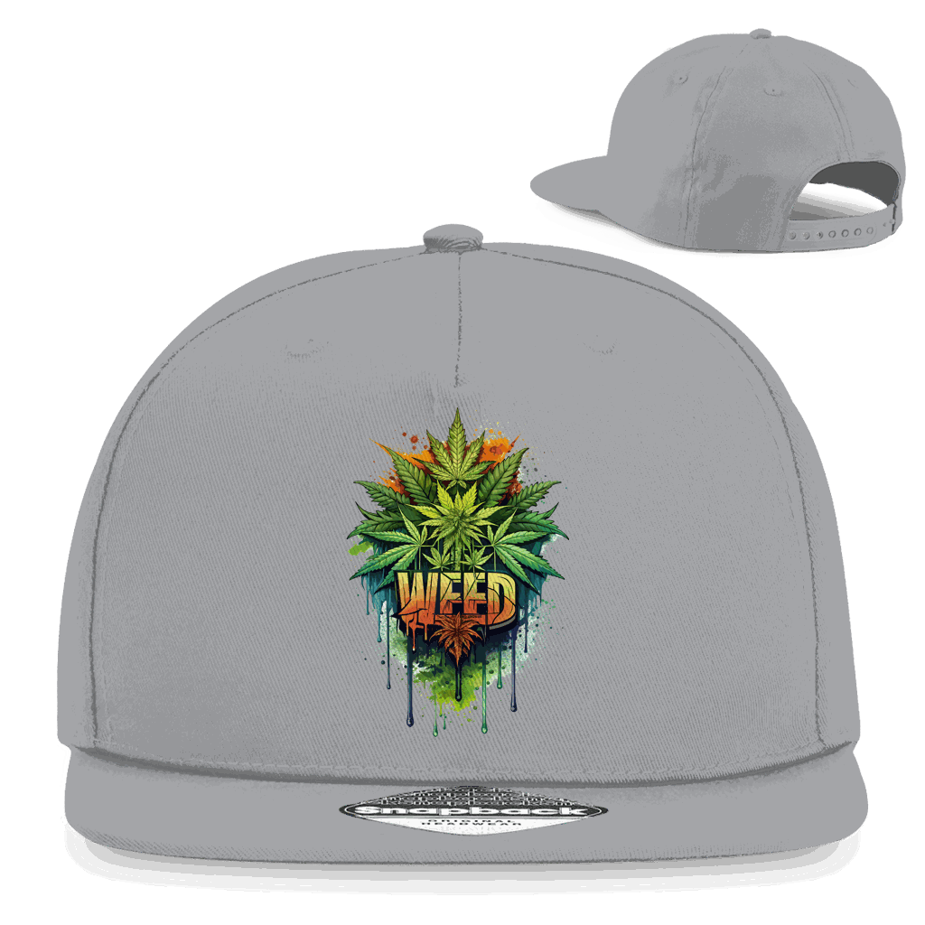 Division420 Snapback Rapper Cap with weed print, 5-panel cotton twill, flat brim, and snapback closure