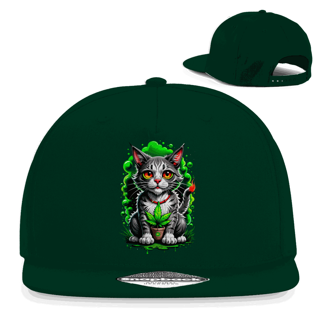 Snapback Rapper Cap with Weed Cat design, 5-panel cotton twill, flat brim, and adjustable snapback closure for urban style