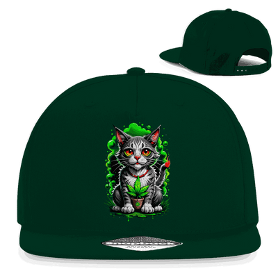 Snapback Rapper Cap with Weed Cat design, 5-panel cotton twill, flat brim, and adjustable snapback closure for urban style