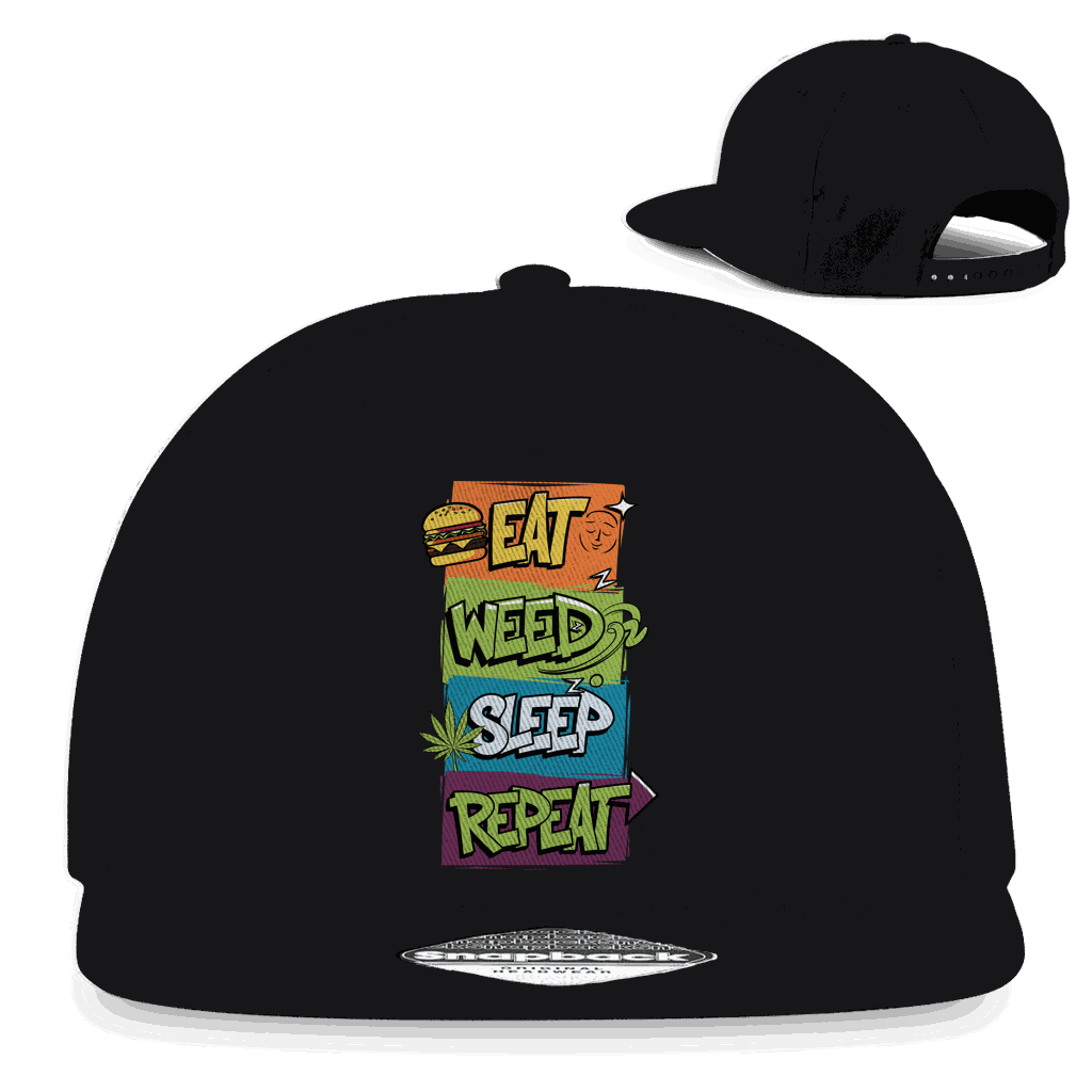 Snapback Rapper Cap Eat Weed Sleep Repeat aus Baumwoll-Twill mit flachem Schirm und Retro-Snapbackverschluss