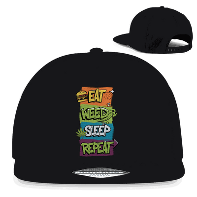 Snapback Rapper Cap Eat Weed Sleep Repeat aus Baumwoll-Twill mit flachem Schirm und Retro-Snapbackverschluss