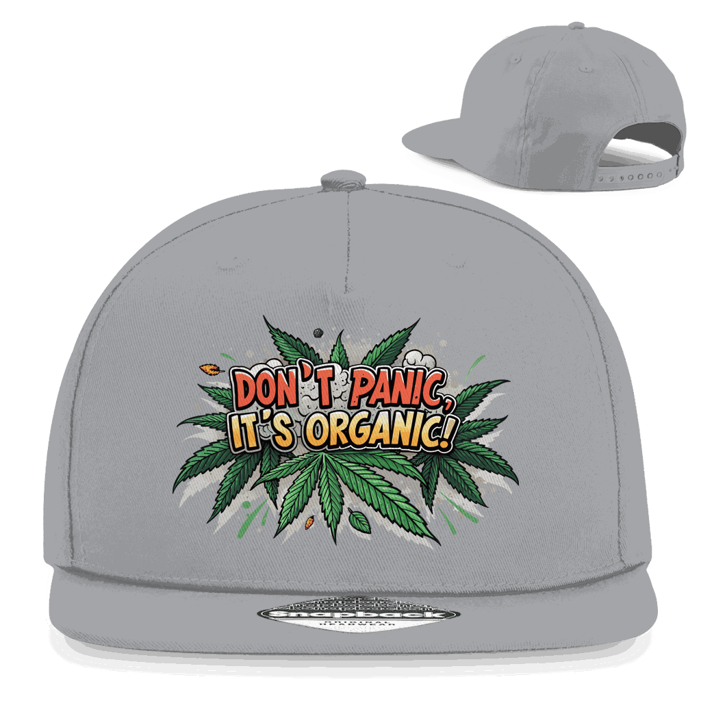 Division420 Snapback Rapper Cap „Dont Panic its Organic“ aus 100% Baumwoll-Twill mit flachem Schirm und Retro-Snapbackverschluss