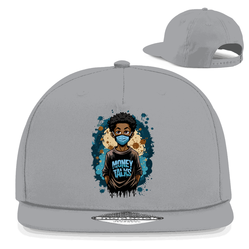 Snapback Rapper Cap aus Baumwoll-Twill mit Money Talks Art Print und flachem Schirm