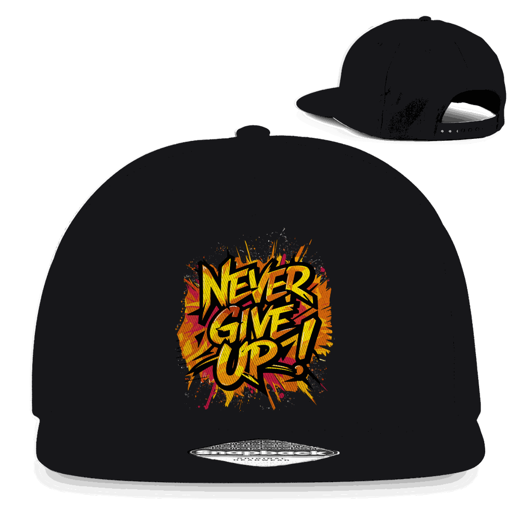 Division420 Snapback Cap schwarz mit Aufschrift "Never give up!" und flachem Schirm