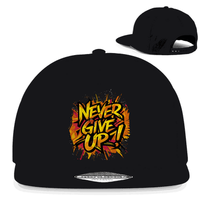 Division420 Snapback Cap schwarz mit Aufschrift "Never give up!" und flachem Schirm