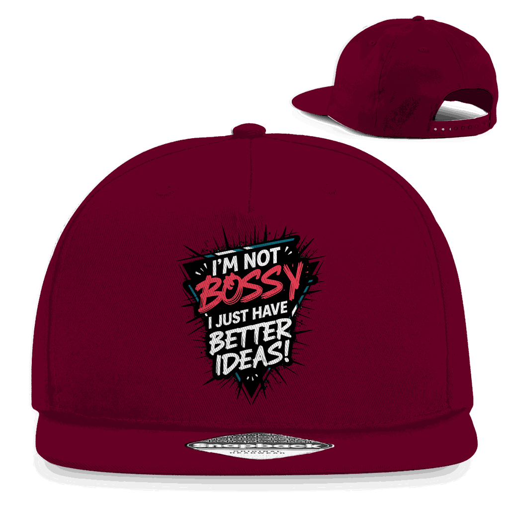 Schwarze Snapback Rapper Cap „Im not Bossy“ mit flachem Schirm und Division420 Logo, urbaner Streetwear-Stil