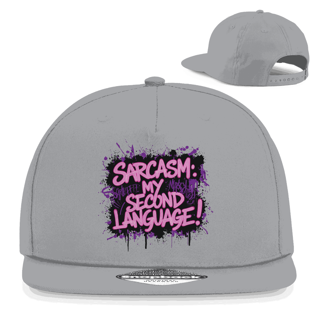 Division420 Snapback Cap in black with "Sarcasm, second language" embroidery and classic 5-panel design.