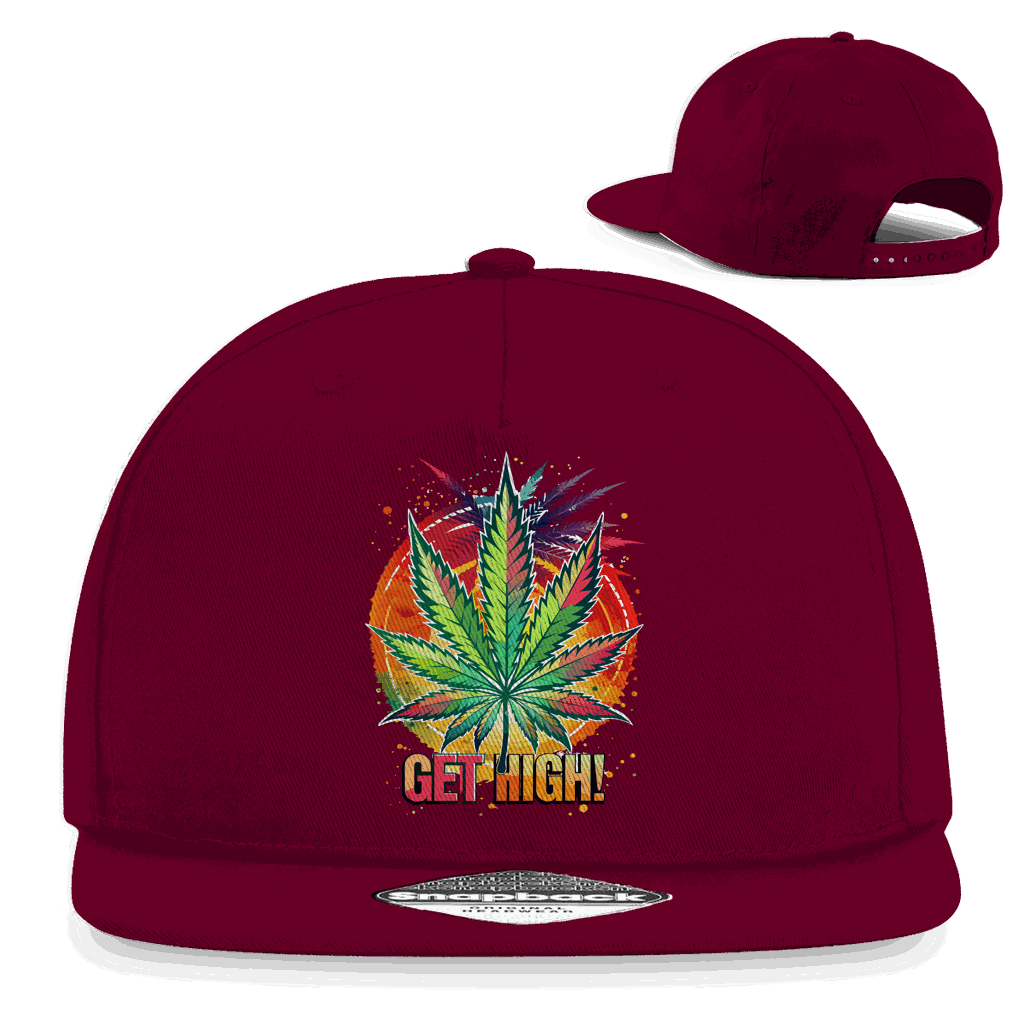 Division420 Snapback Rapper Cap Get High! in Schwarz mit flachem Schirm und Retro-Snapbackverschluss