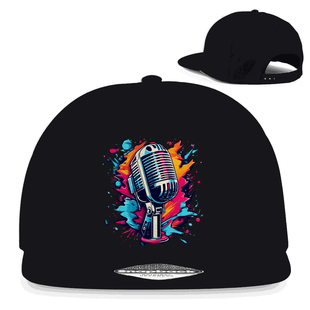 Schwarze Snapback Rapper Cap mit Mikrofon Art Print und flachem Schirm aus Baumwoll-Twill, urbaner Streetwear-Stil
