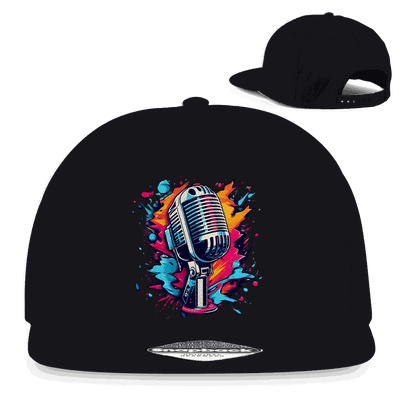 Schwarze Snapback Rapper Cap mit Mikrofon Art Print und flachem Schirm aus Baumwoll-Twill, urbaner Streetwear-Stil