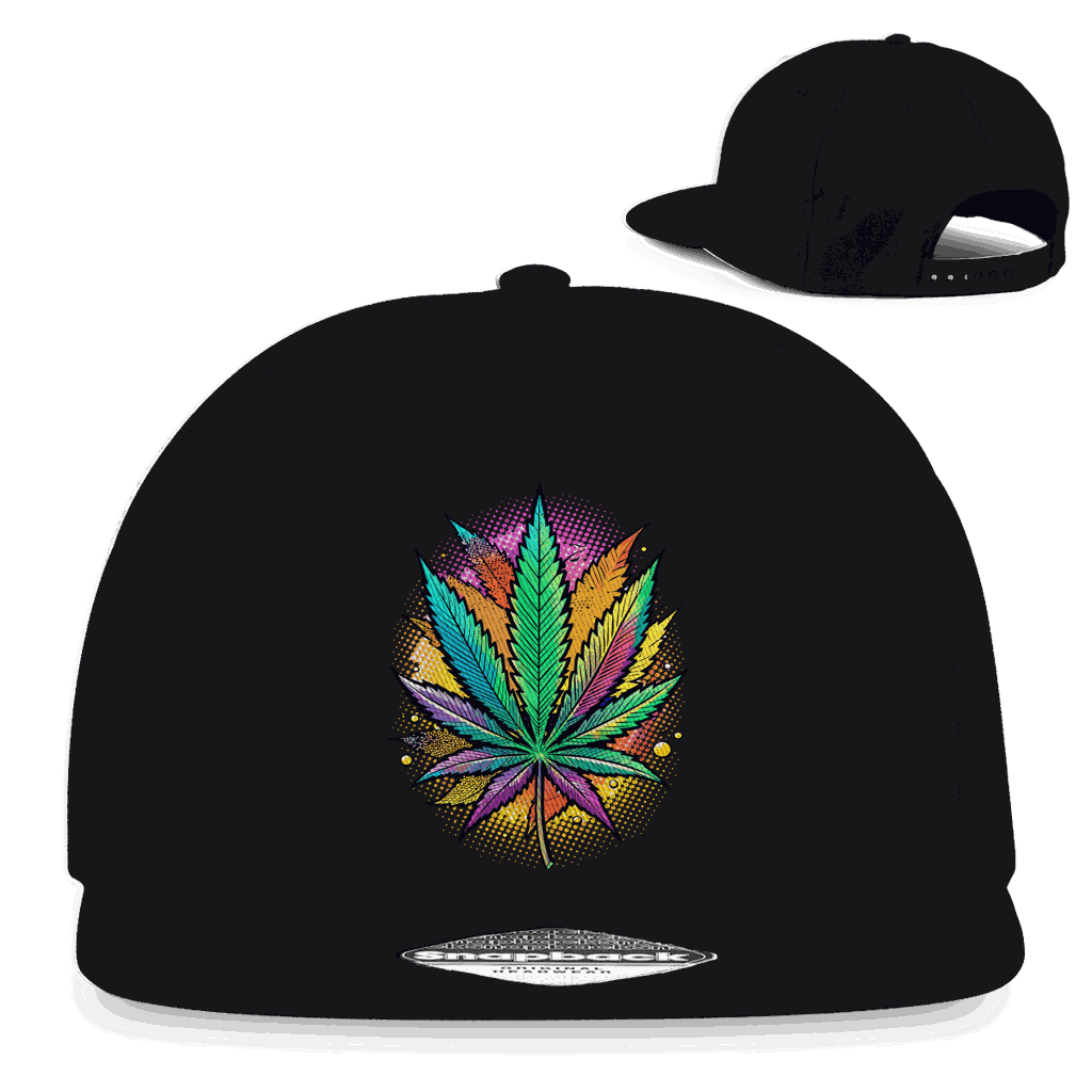 Schwarze Snapback Rapper Cap mit Art Print Weed Blatt und flachem Schirm aus Baumwoll-Twill