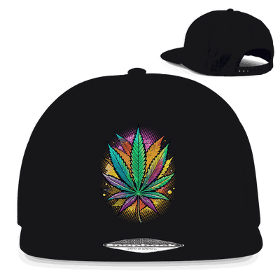Schwarze Snapback Rapper Cap mit Art Print Weed Blatt und flachem Schirm aus Baumwoll-Twill
