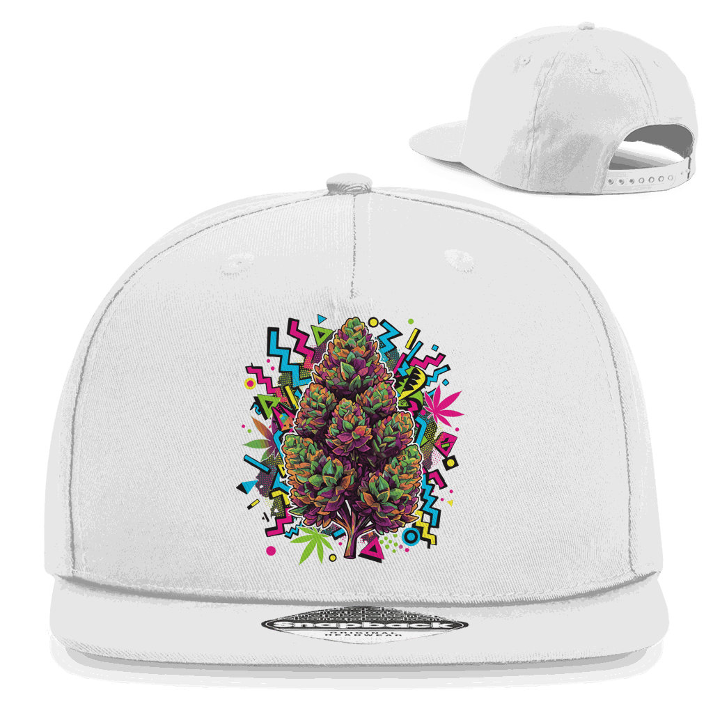 Snapback Rapper Cap mit Cannabis Pop Art Print aus Baumwoll-Twill, urbaner Streetwear Style und verstellbarem Retro Snapback-Verschluss