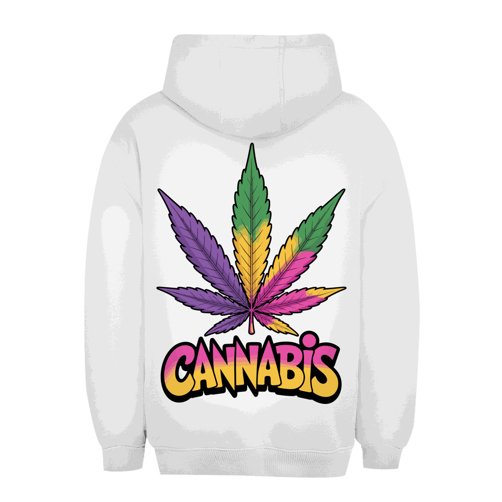 Unisex Oversize Hoodie mit buntem Cannabisblatt von Division420, nachhaltiger Baumwollmix, urbaner Komfort und lässiger Streetstyle