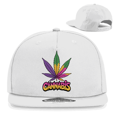 Division420 Snapback Cap mit buntem Cannabisblatt, Baumwoll-Twill und verstellbarem Snapback-Verschluss, urbaner Streetwear-Stil