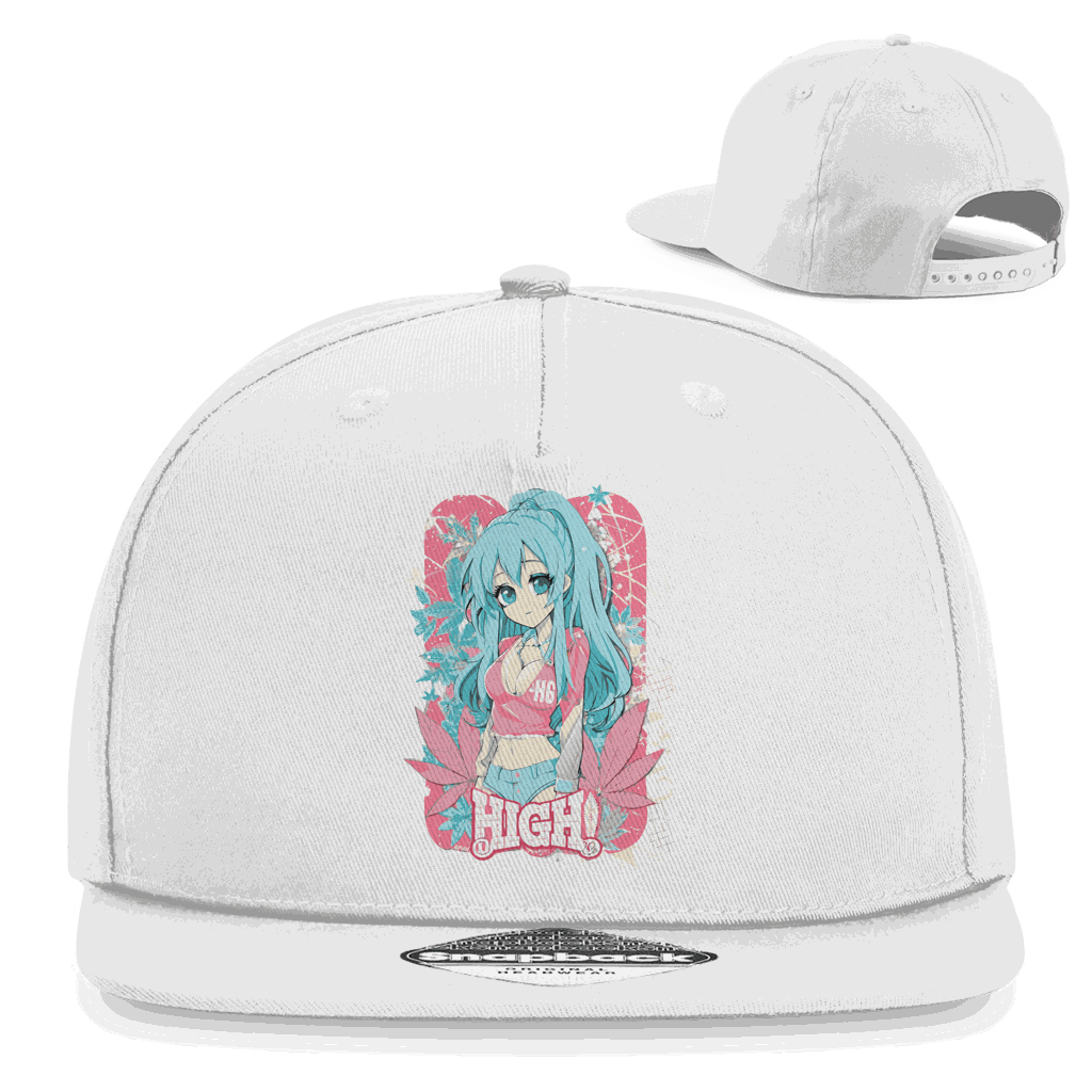 Division420 Snapback Rapper Cap mit High Manga Girl Design, 5-Panel Baumwoll-Twill, flachem Schirm und Retro-Snapbackverschluss