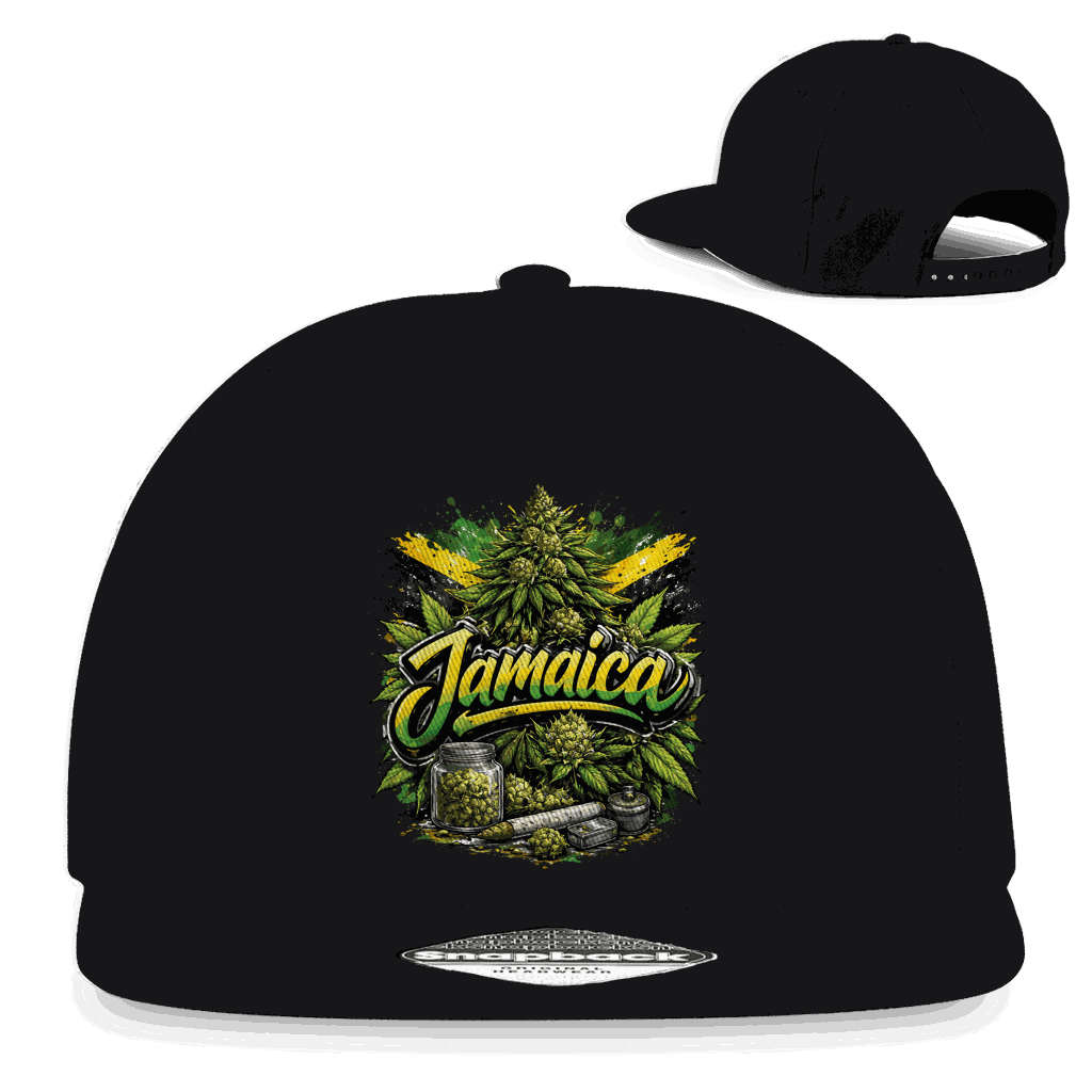 Division420 Snapback Cap im Jamaica Vibes Design mit 5-Panel, flachem Schirm und Retro-Snapbackverschluss aus Baumwoll-Twill