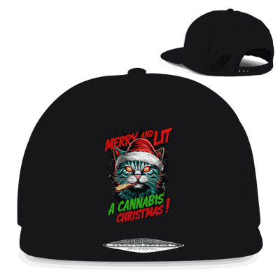 Schwarze Snapback Rapper Cap mit Merry Christmas Cat Motiv und flachem Schirm