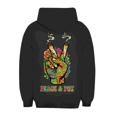 Unisex Oversize Hoodie in Schwarz mit Peace und Pot Print von Division420, urbaner Style, weicher Baumwollmix, bequem und nachhaltiger Streetwear