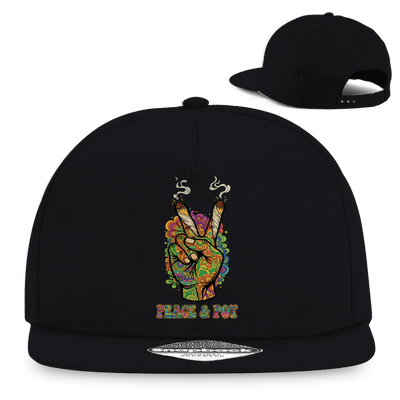 Snapback Cap Peace and Pot von Division420 mit 5-Panel Design, flachem Schirm und authentischem Aufkleber in 100% Baumwolle